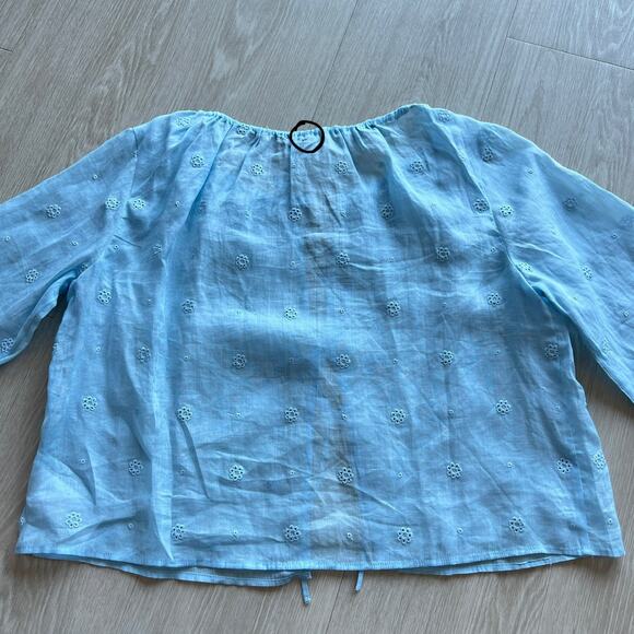 J Crew Tie Front Eyelet Top In Ramie XS Sheer Blue Preppy Flaws - Picture 15 of 15